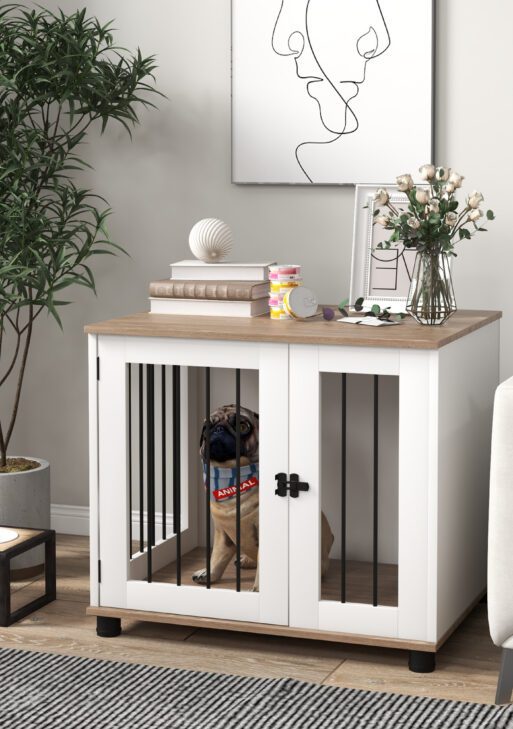 Dog Kennel Furniture Side End Table Indoor with Lockable Door, for Small and Medium Dogs, Walnut Brown