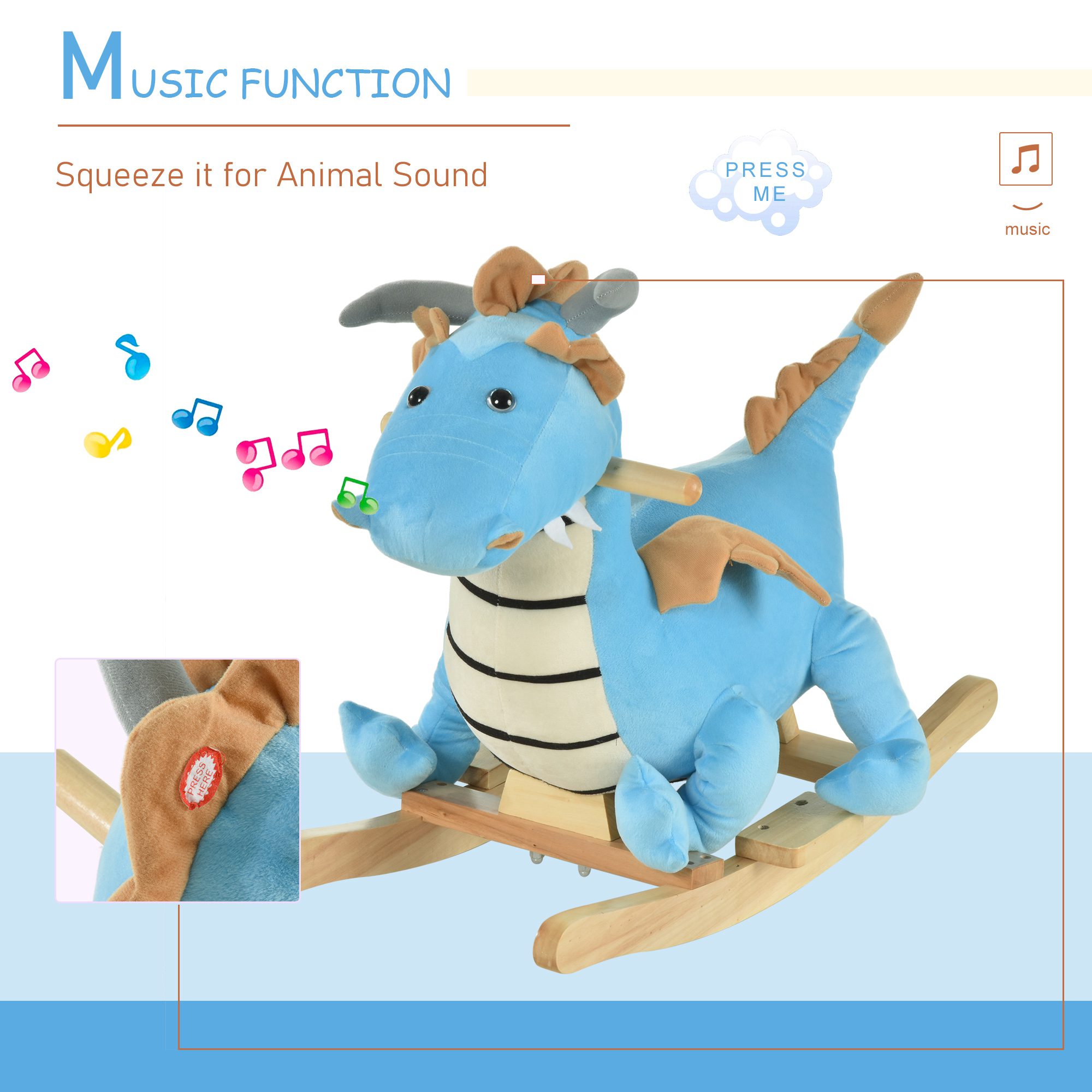 Kids Plush Ride-On Rocking Horse Toy Dinosaur Ride Rocking Chair with Realistic Sounds for18-36 Months, Blue - Image 5