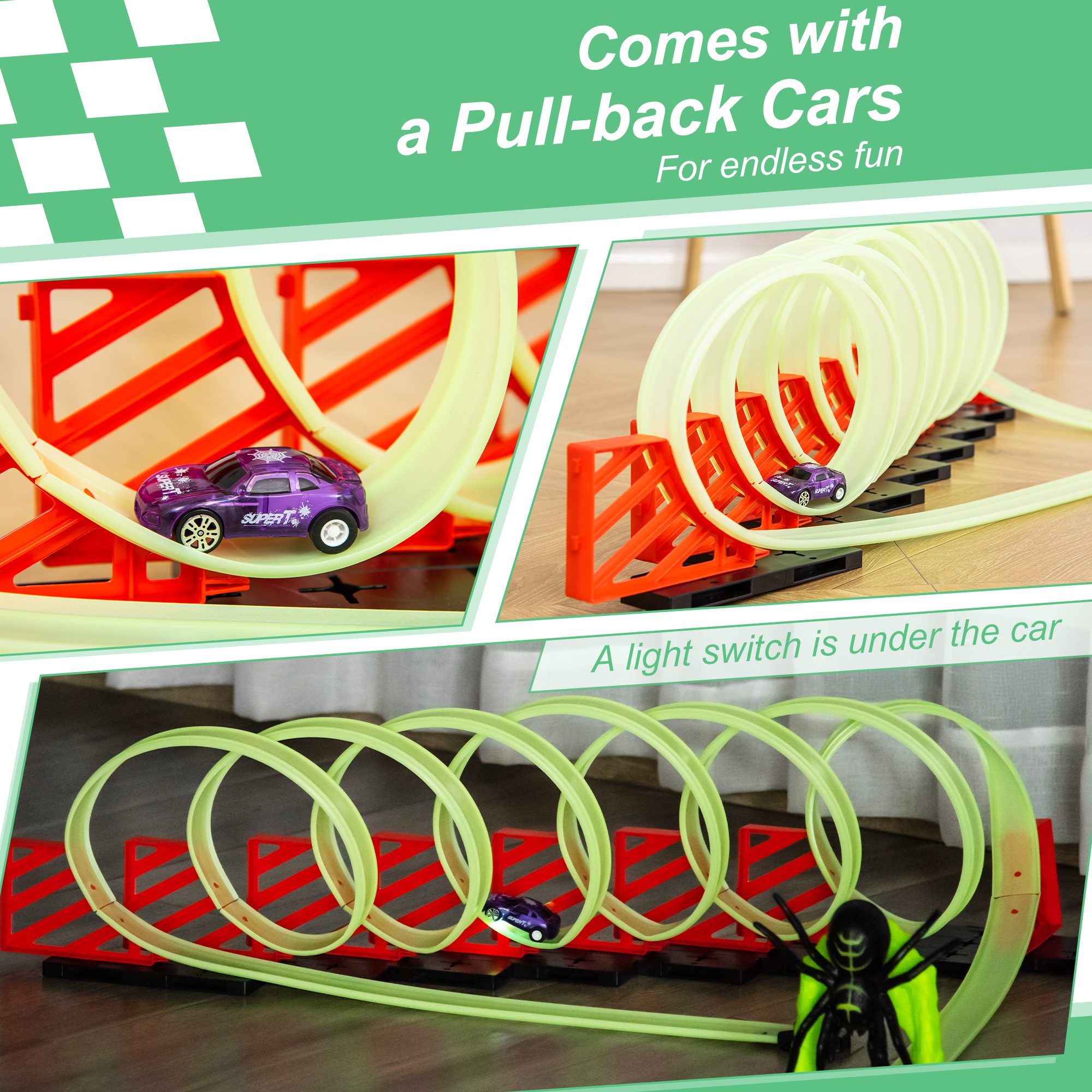 Track Builder Loop Kit Criss-Cross Glowing Race Track Toy Set Spooky Spider Fun Starter Kit, with Pull-back Car for Kids 3-6 years old, Lime Green - Image 4