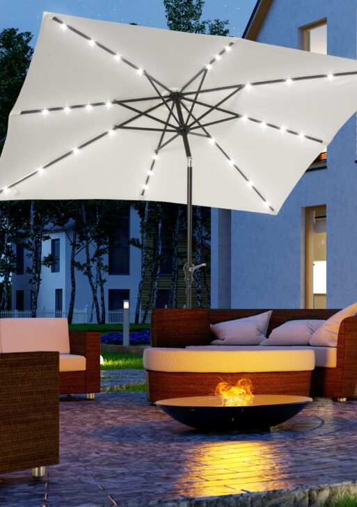 9' x 7' Patio Umbrella Outdoor Table Market Umbrella with Crank, Solar LED Lights, 45° Tilt, Push-Button Operation, for Deck, Backyard, Pool and Lawn, White
