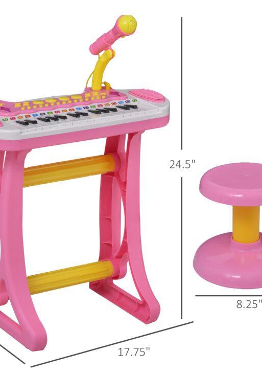 Kids Toy Keyboard Piano Toddler Electronic Instrument with Stool, Microphone and Bright Flashlight for Children Birth Gift, Pink
