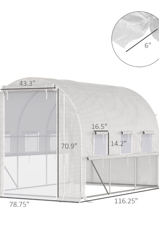 116.25" x 78.75" x 78.75" Walk-in Tunnel Greenhouse, Mesh Windows, Bottom Vents, Zippered Door, PE Cover, Heavy Duty Steel Frame, White