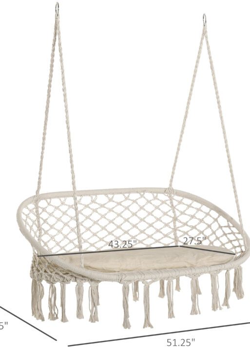 2-Person Hammock Chair Macrame Swing with Soft Cushion, Hanging Cotton Rope Chair for Indoor Outdoor Home Patio Backyard, White