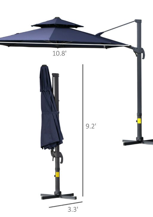 11ft Cantilever Patio Umbrella with Base, Double Top Hanging Aluminum Offset Umbrella with 360° Rotation, Easy Tilt, 8 Ribs, Crank, Cross Base for Backyard, Dark Blue