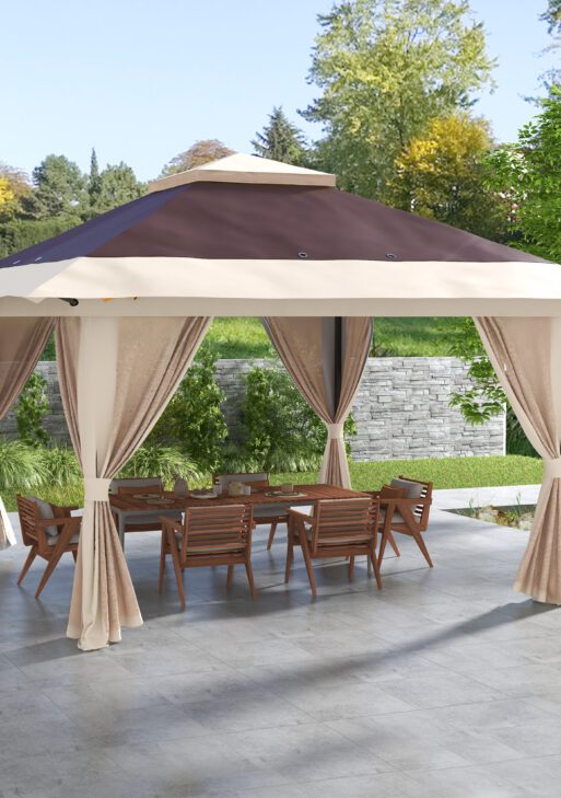 13' x 13' Pop Up Gazebo Instant Canopy Tent Shelter with 2-Tier Roof, Carry Bag, Wight Bags for Outdoor, Garden, Brown