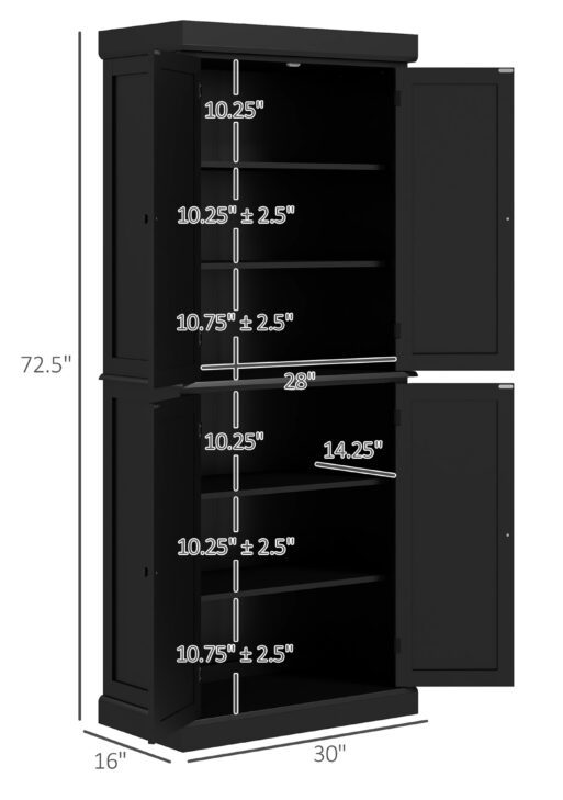 72" Kitchen Cabinet, Pantry Storage Cabinet with Doors and Shelves, Freestanding Food Pantry Cabinet, Black