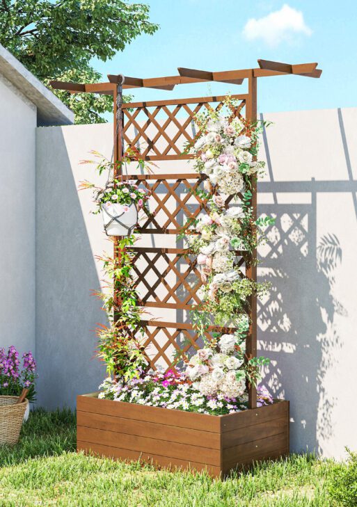 Wooden Trellis Planter Box, Raised Garden Bed to Grow Vegetables, Herbs and Flowers