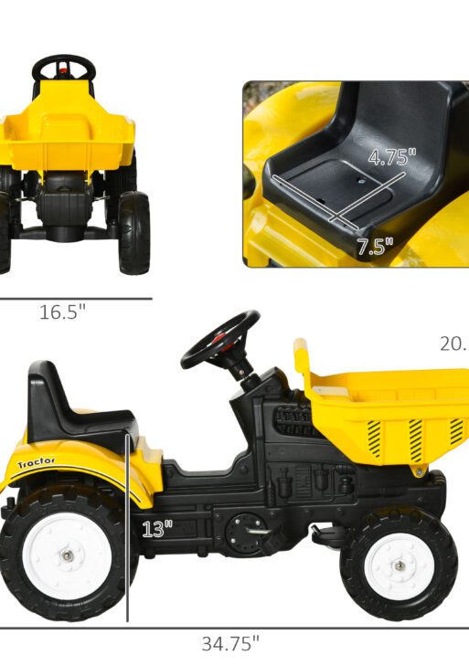 Kids No Power Ride-On Excavator with Manual Control Bucket, Yellow