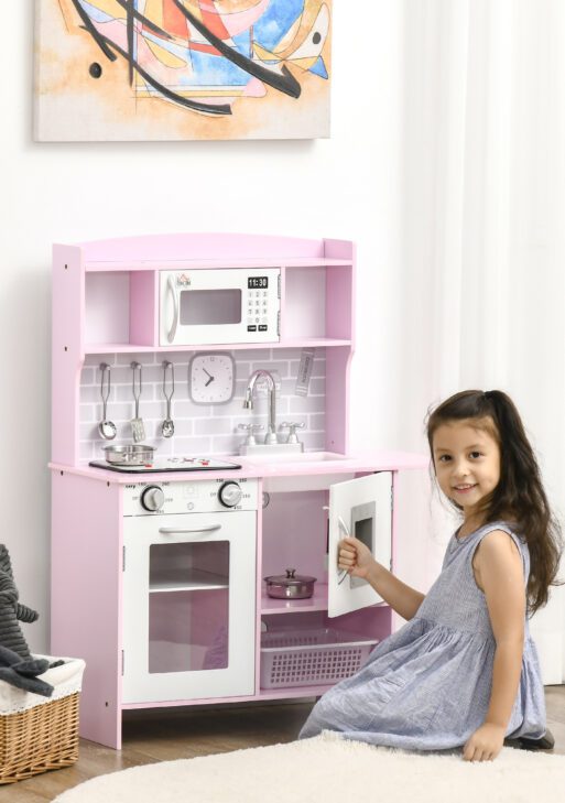 Pretend Play Kitchen with Sound Effects and Stove Lights, Kids Kitchen Playset with Storage, Water Dispenser Preschool & Kindergarten Gift for 3-6 Years Old, Pink
