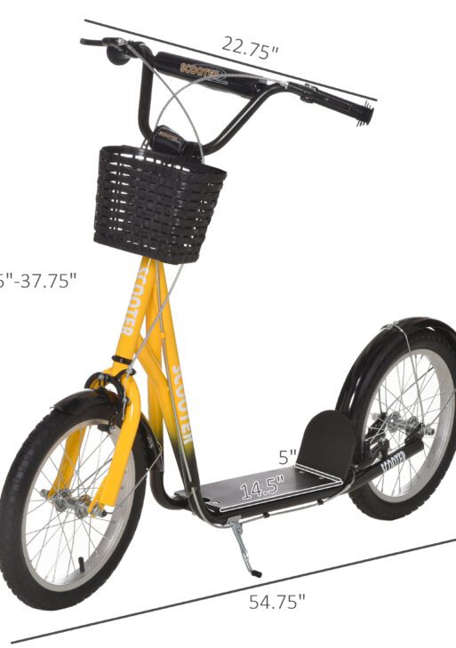 Youth Scooter, Kick Scooter with Adjustable Handlebars, Double Brakes, 16" Inflatable Rubber Tires, Basket, Cupholder, Orange