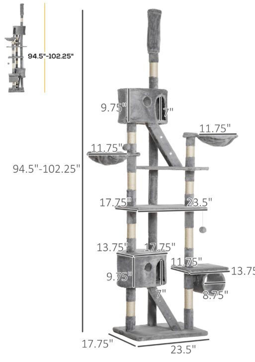 Floor to Ceiling Cat Tree, 94.5-102.5 inch Height Adjustable Cat Climbing Tower with Scratching Posts, Condos, Hammocks