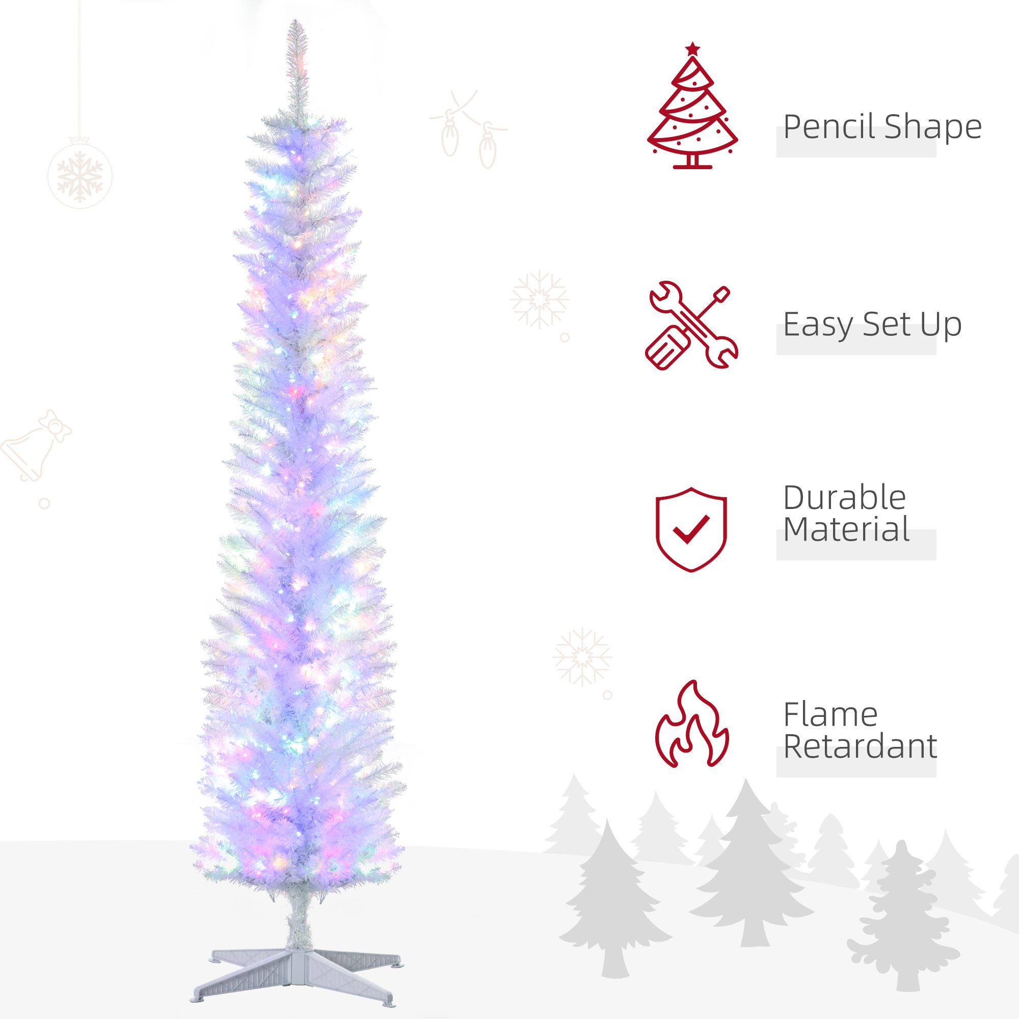 7' Prelit Christmas Trees, Pencil Artificial Christmas Tree with Colorful Surface Branches, Colorful LED Lights, White - Image 2