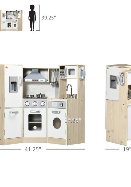 Ultra-Big Corner Kids Kitchen Playset with Sound Effects, Wooden Play Kitchen with Stainless Steel Cooking Toys, Imaginative Pretend Toy for Ages 3-6 with Phone, Ice Maker