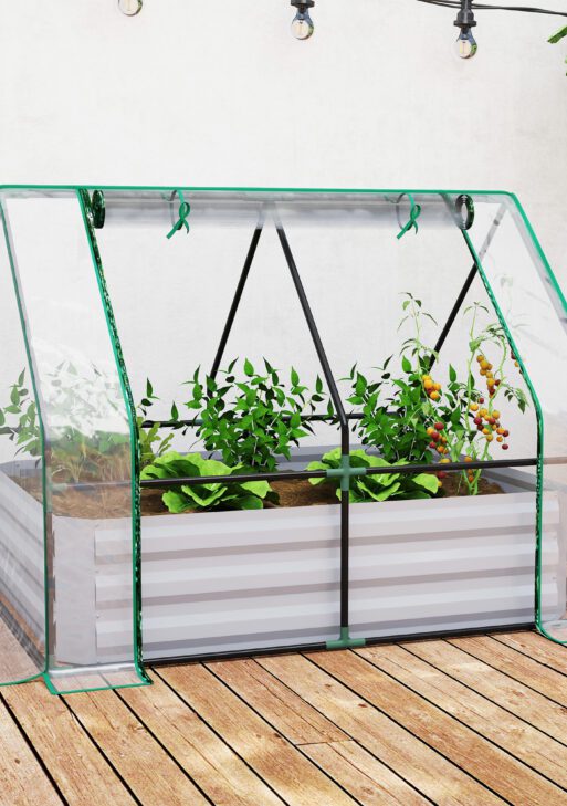 Raised Garden Bed with Cover, Outdoor Galvanized Metal Planter Box Kit, 4 x 3 ft Mini Greenhouse with 2 Large Screen Windows, for Growing Flowers, Vegetables and Herbs, Clear