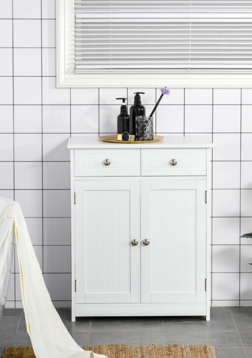 Freestanding Bathroom Floor Cabinet, Wooden Bathroom Cabinet with 2 Doors, 2 Drawers and Adjustable Shelf, White