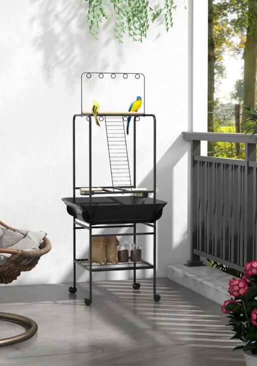 Bird Stand with Wheels, Perches, Stainless Steel Feed Bowls, Pull-Out Tray for Indoor Outdoor Small Parrot, Dark Gray