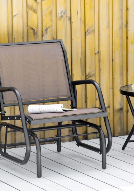 Porch Glider, Metal Frame Swing Glider Chair with Breathable Mesh Fabric, Curved Armrests and Steel Frame for Garden, Poolside, Backyard, Balcony, Brown