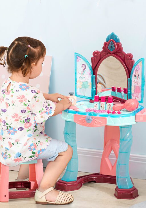 Kids Vanity Set with Self-Opening Magic Mirror, Princess Makeup Vanity Table Set with Music, Tabletop with Lights, Imaginative Toy for 3-6 Years Old Child