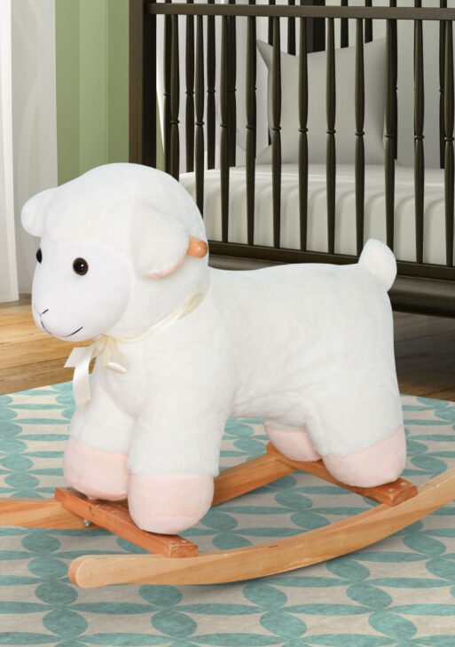 Qaba Lamb Rocking Horse Sheep, Nursery Stuffed Animal Ride On Rocker for Kids, Wooden Plush, White