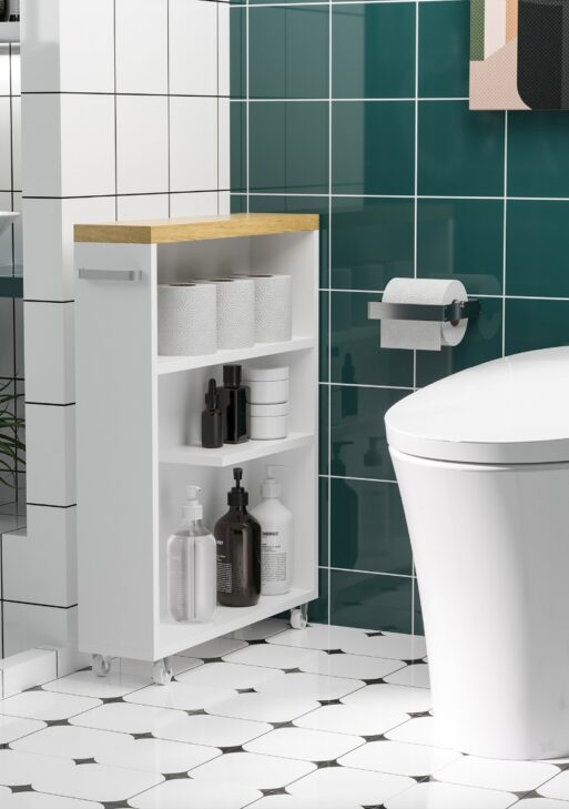 Slim Bathroom Cabinet with Castor Wheels Storage Organizer and Wood Shelves To Fit In Small Spaces, White