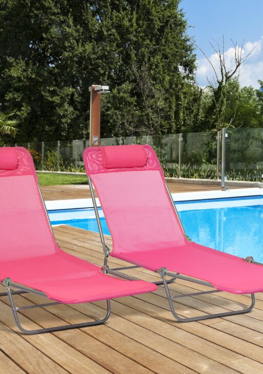 2 Piece Folding Chaise Lounge Chairs, Pool Sun Tanning Chairs with Reclining Back, Breathable Mesh Seat, Headrest for Beach, Yard, Patio, Pink