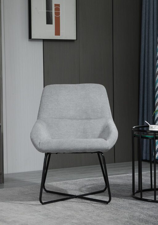 Modern Accent Chair Leisure Fabric Mid Back Chair Livingroom Funiture with X-Shaped Metal Frame and Curved Back, Grey/Black