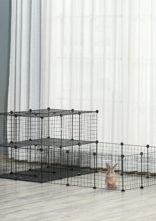Pet Playpen with Door, Metal Mesh Cage with Mallet, Black
