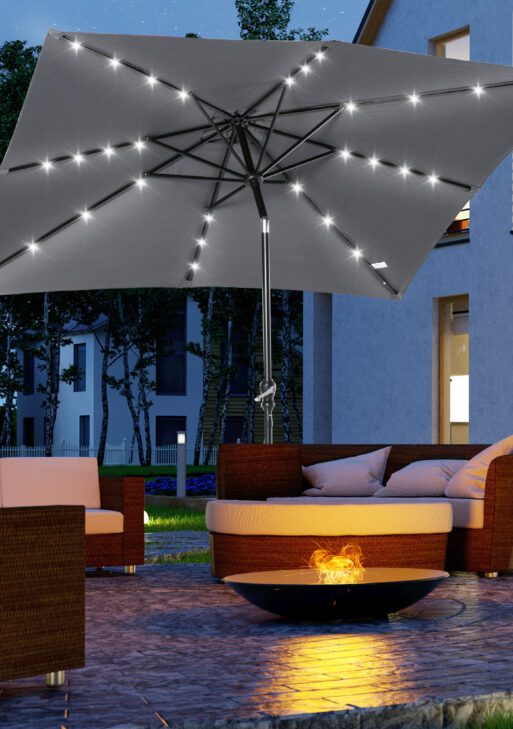 9' x 7' Solar Umbrella, LED Lighted Patio Umbrella for Table or Base with Tilt & Crank, Outdoor Umbrella for Garden, Deck, Backyard, Pool, Beach, Dark Gray