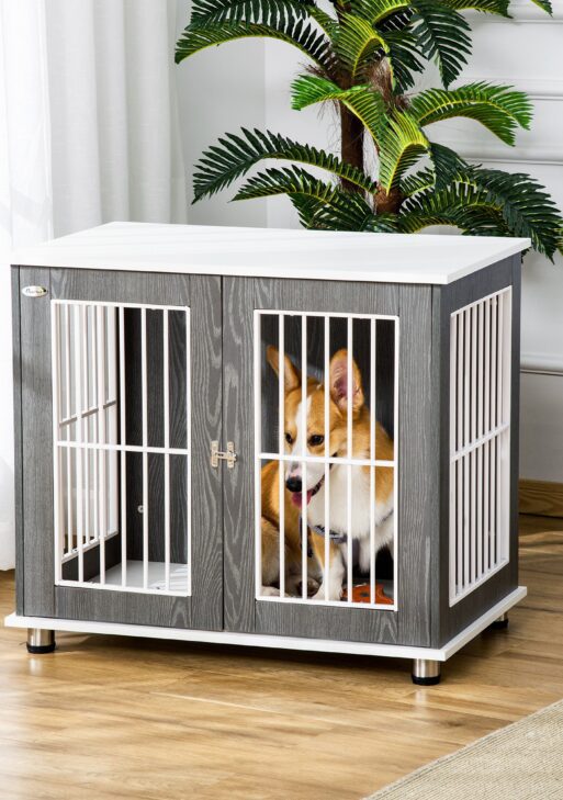 34'' 2-in-1 Wooden Dog Kennel, Modern Wire Animal Crate, Pet Cage with Lockable Door and Adjustable Foot Pads, for Small and Medium Dogs, Grey and White
