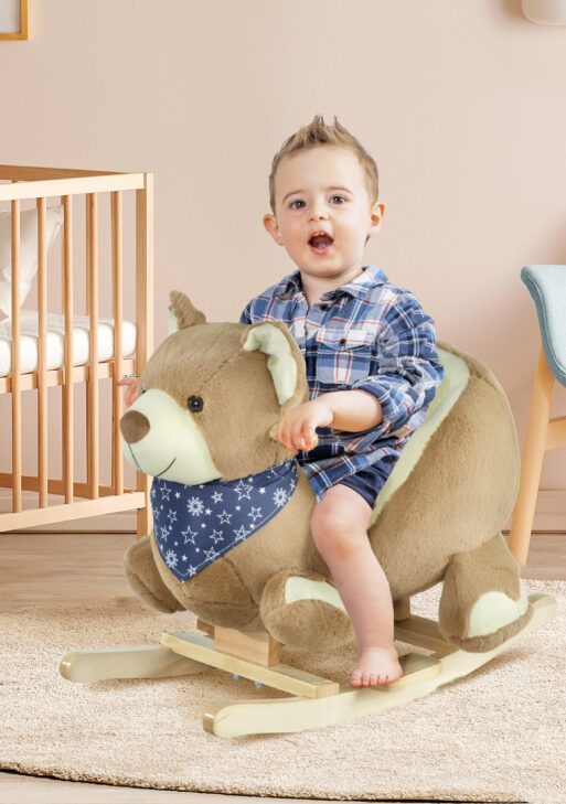 Baby Rocking Horse with Lullaby, Ride On Horse, Bear Themed Plush Animal Rocker with Pedals for Ages 18-36 Months, Easy to Assemble