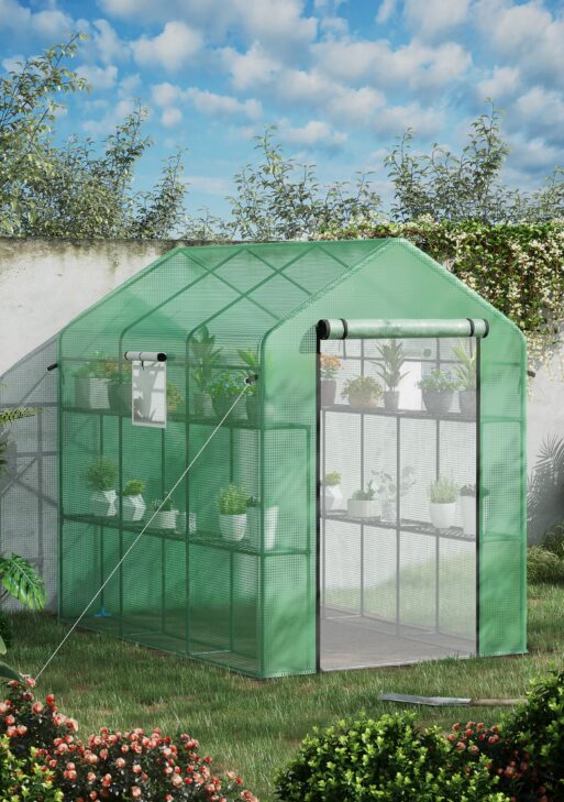 7' x 5' x 6' Walk-in Greenhouse for Outdoors with Mesh Door and Windows, 18 Shelf Hot House with Trellis, Plant Labels, UV Protective for Growing Flowers, Herbs, Vegetables, Saplings, Green