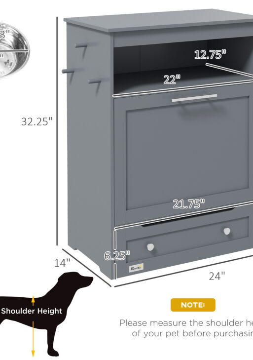 Pet Feeder Station Storage Cabinet, Dog Food Storage Container with Dog Raised Bowls, Watering Supplies, Gray