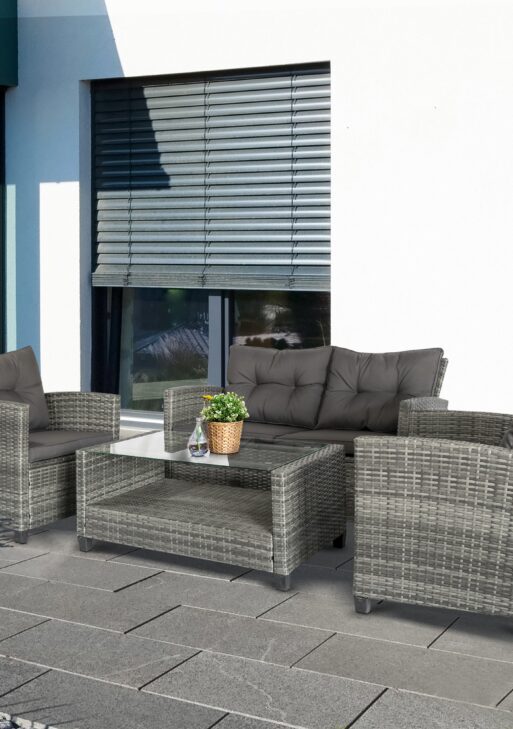 4 Pieces Patio Furniture Sets with Cushions, PE Rattan Wicker Conversation Chairs with Two-Tier Coffee Table for Backyard Porch Garden Poolside and Deck, Charcoal Gray