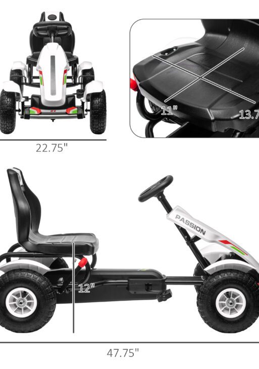 Kids Pedal Go Kart W/ Adjustable Seat, Rubber Wheels, White