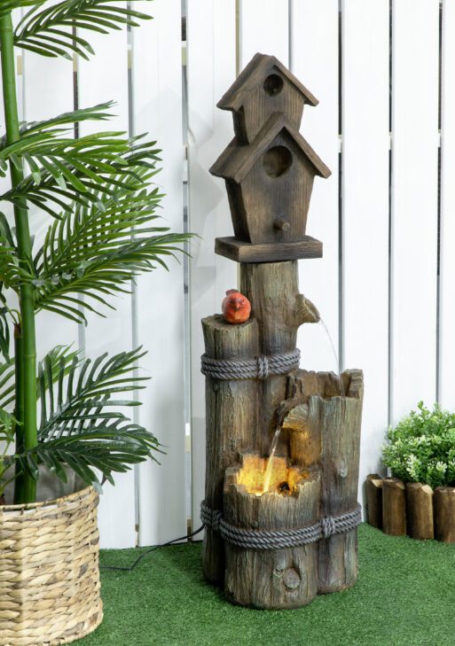 Outdoor Fountain with Birdhouse, Cascading Garden Waterfall Bird Bath with 3-Tier Rustic Tree Trunk / Log Design, LED Lights for Porch, Deck, Yard Decor, Brown