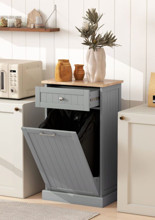 Kitchen Tilt Out Trash Bin Cabinet Free Standing Recycling Cabinet Trash Can Holder With Drawer, Gray