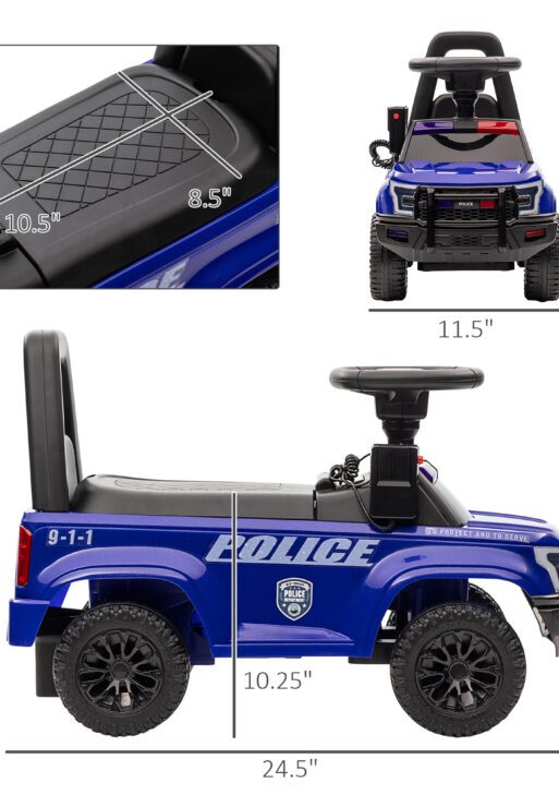 Kids Push Ride On Car with Working PA System and Horn, Police Truck Style Foot-to-Floor Sliding Car for Boys and Girls with Under-Seat Storage, for 18 Months to 5 Years Old, Blue