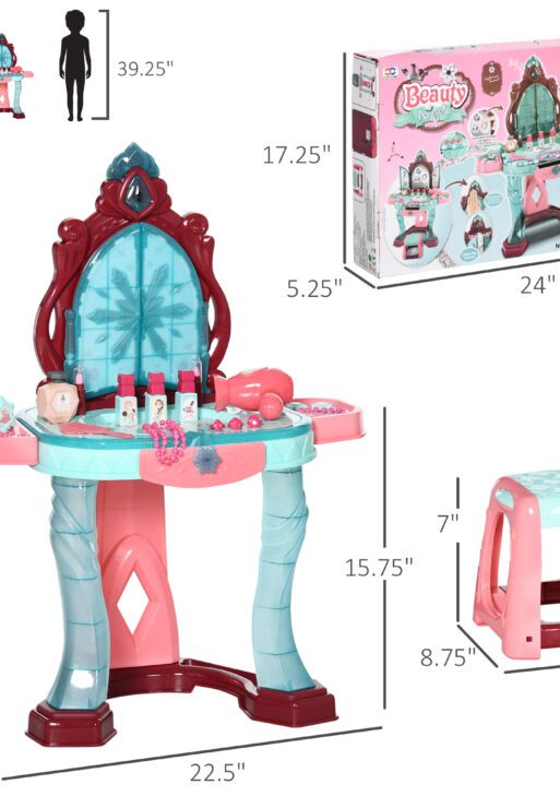 Kids Vanity Set with Self-Opening Magic Mirror, Princess Makeup Vanity Table Set with Music, Tabletop with Lights, Imaginative Toy for 3-6 Years Old Child