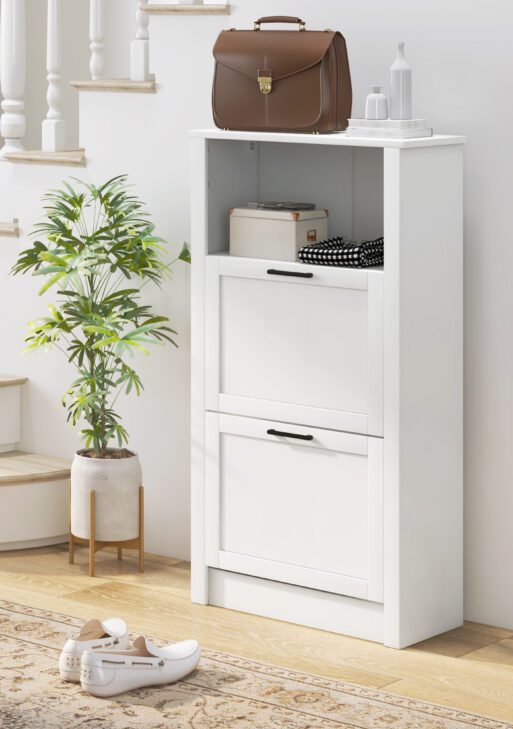 Shoe Cabinet, Freestanding Shoe Storage Cabinet Organizer with 2 Flip Drawers, Adjustable Shelves, and Open Compartment for Entryway Hallway, Holds 10 Pairs of Shoes