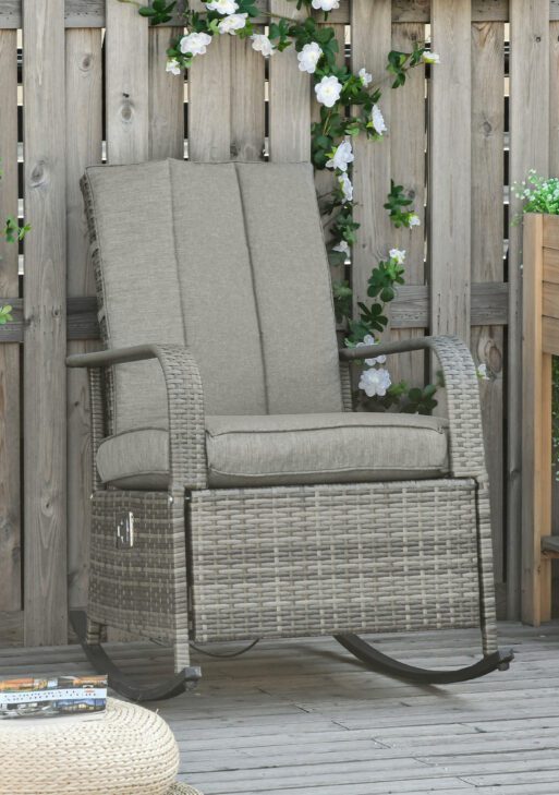 PE Rattan Rocking Recliner with Footrest, Gray