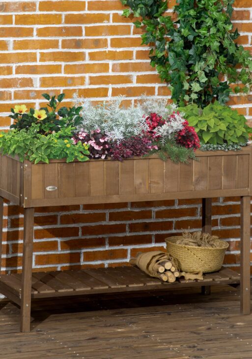Wooden Raised Garden Bed, Elevated Planter Box Stand with 8 Slots and Open Shelf, Dark Brown