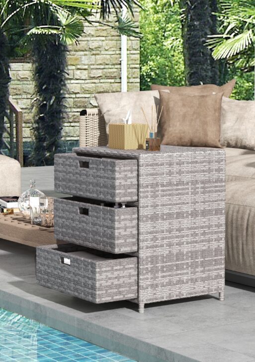 Patio PE Rattan Storage Cabinet, Wicker Pool Cabinet Organizer, Outdoor Towel Rack for Pool with 3 Drawers, Gray