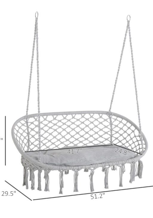 2-Person Hammock Chair Macrame Swing with Soft Cushion, Hanging Cotton Rope Chair for Indoor Outdoor Home Patio Backyard, Light Gray