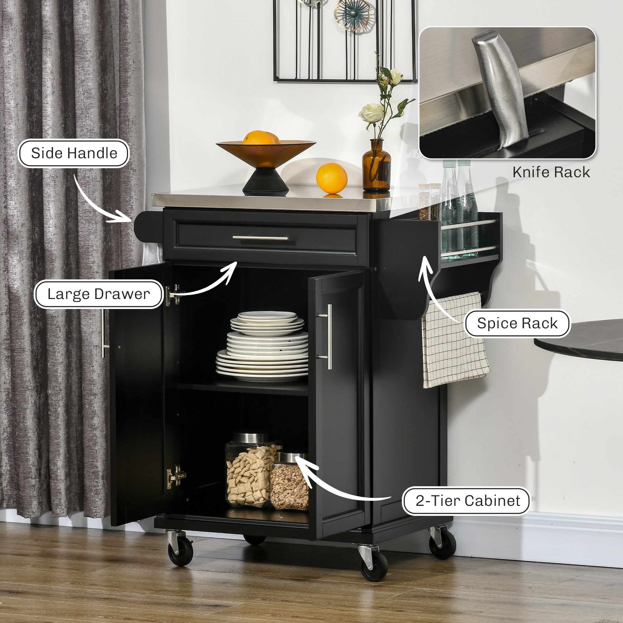 Kitchen Island on Wheels, Rolling Kitchen Cart with Stainless Steel Countertop, Drawer, Towel Rack and Spice Rack, Utility Storage Trolley, Black - Image 2