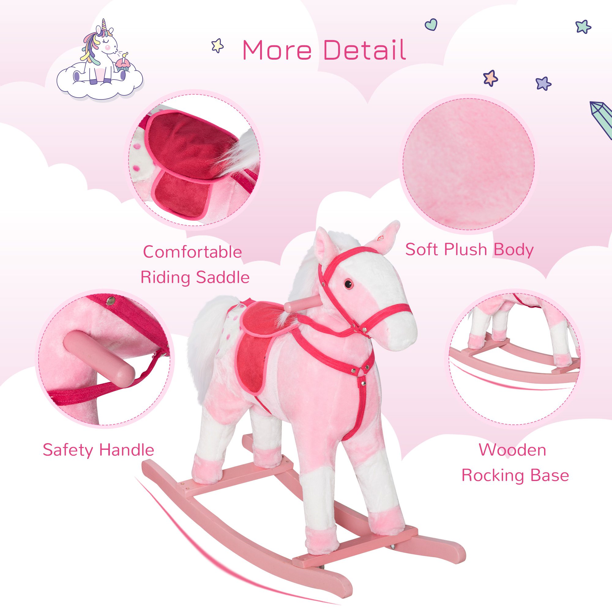Kids Plush Toy Rocking Horse Pony Toddler Ride on Animal Rocker with Realistic Sounds, Birthday Gifts for Girls, Pink - Image 5