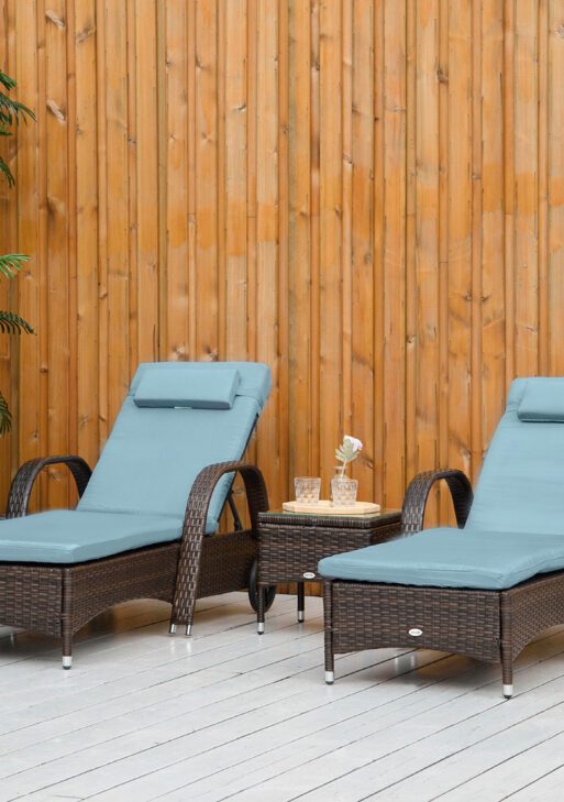 Wicker Outdoor Chaise Lounge Chair Set of 3 with Side Table, 5-Level Adjustable Backrest PE Rattan Pool Lounge Chair with Wheels, Cushion & Headrest, Brown and Gray