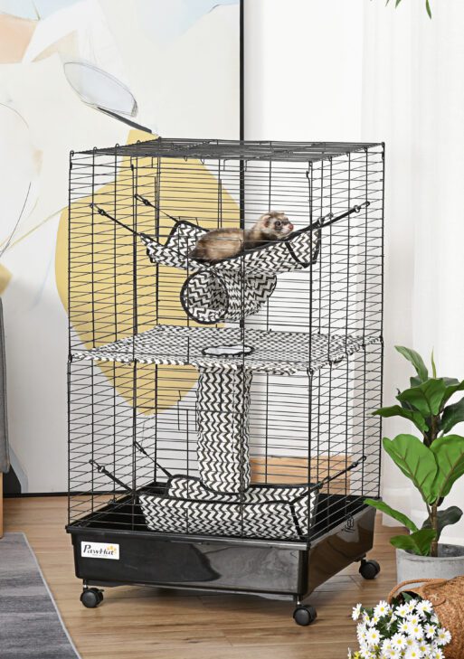 42" Ferret Cage, Small Animal Habitat Metal Pet Cage with Wheels Brakes, Hammocks, Hanging Tunnels, and 3 Doors, Black