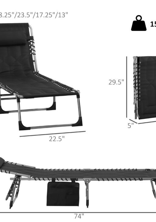 Padded Folding Chaise Lounge Chair, Outdoor 6-Level Reclining Camping Tanning Chair with Headrest for Beach, Yard, Patio, Pool, Black