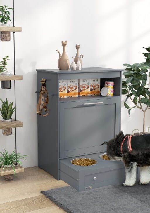 Pet Feeder Station Storage Cabinet, Dog Food Storage Container with Dog Raised Bowls, Watering Supplies, Gray