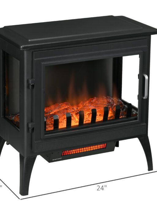 24" Electric Fireplace Stove, Freestanding Infrared Fire Place Heater with Realistic Logs Flame, Adjustable Temperature, Overheat Protection, 1000W/1500W, Black